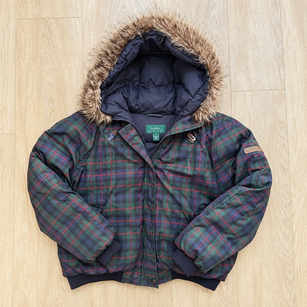 Lauren Ralph Lauren Plaid Puffer Jacket Faux Fur Hood Green Blue Down Fill L